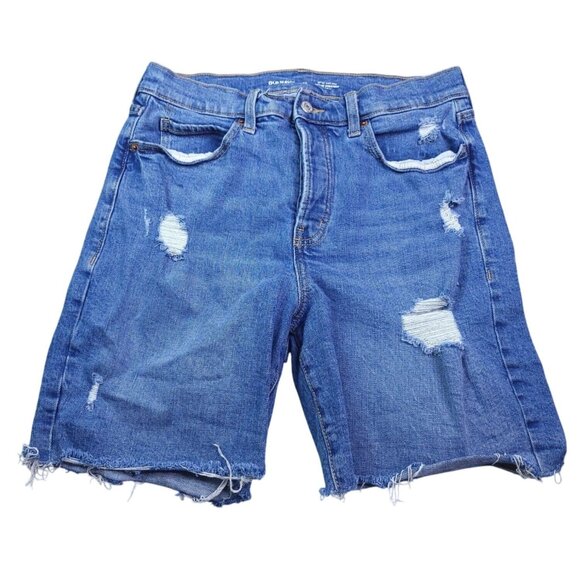 Old Navy Sky Hi Straight Cut Off Jean Shorts 10 Distressed Button Fly Stretch - Picture 1 of 6